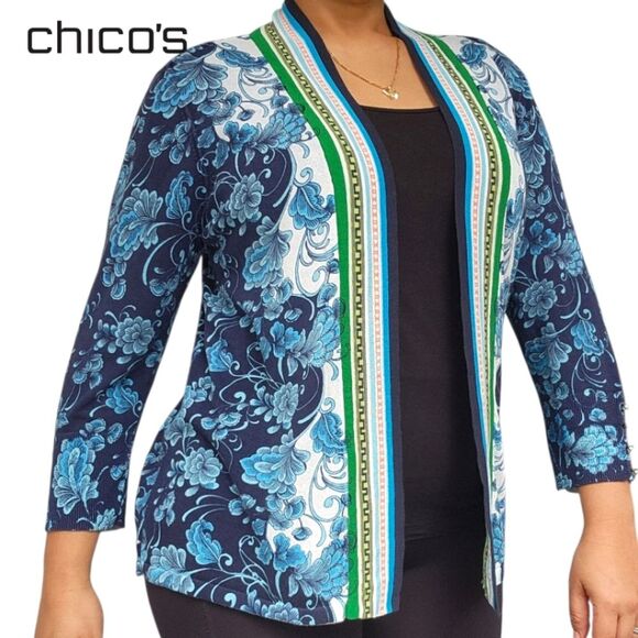 Chico's Sweaters - Chico's Women's Sweater Layer Open-Front Cardigan Green-Blue Size 2 (US Large)